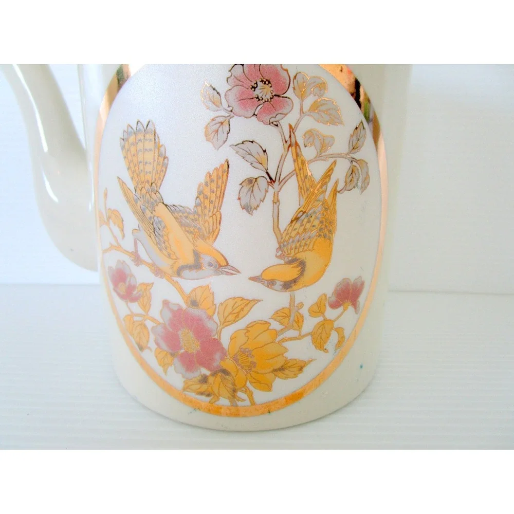 Japanese Vintage Ceramic Tea Pot With Gold Floral and Birds Bamboo Wicker Handle